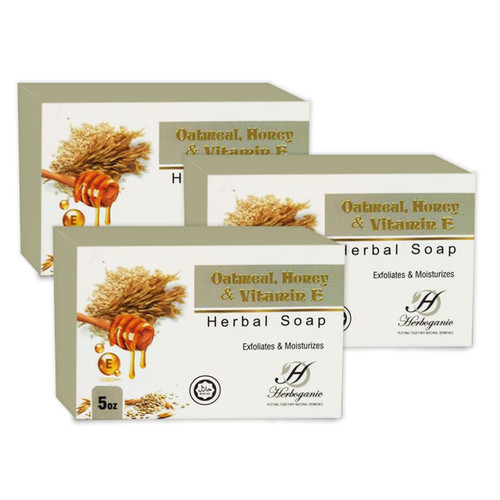 HERBOGANIC Oatmeal, Honey & Vitamin E Herbal Soap | Natural Soap Bar with Shea Butter and Essential Oils | Moisturizing and Exfoliating | Soothes Skin | All Natural | Equally Effective for Men and Women | 5 oz Bar | Pack of 3