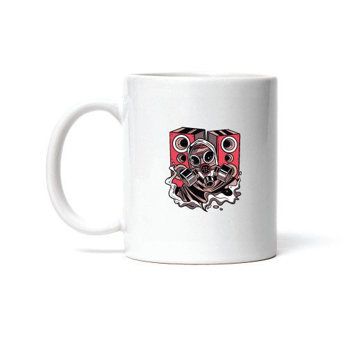 Gift Idea for Technology Lovers Gas Mask Character and Speakers Illustration 11oz 15oz White Coffee Mug