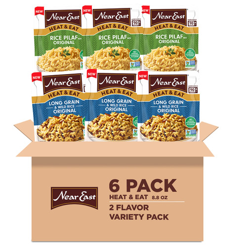 Near East Heat & Eat Rice, Quick Cook Rice, Microwave Rice, 2 Flavor Variety Pack, 8.8oz Pouches (6 Pack)