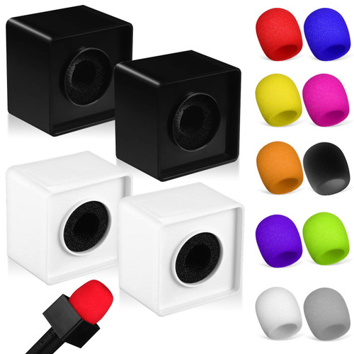 Milisten 4 Pcs Microphone Flag Station with 10pcs Microphone Foam Covers, Mic Logo Square Mic Flag, ABS Interview Mic Logo Microphone Accessories for Interview KTV Reporter Host