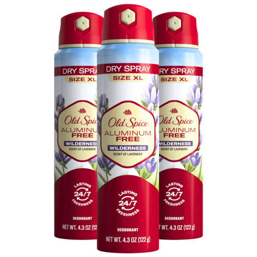 Old Spice Aluminum Free Dry Spray Men's Deodorant, 24/7 Odor Protection, Wilderness Scent of Lavender, 4.3oz (Pack of 3) Old Spice Aluminum Free Dry Spray Men's Deodorant, 24/7 Odor Protection, Wilderness Scent of Lavender, 4.3oz (Pack of 3)