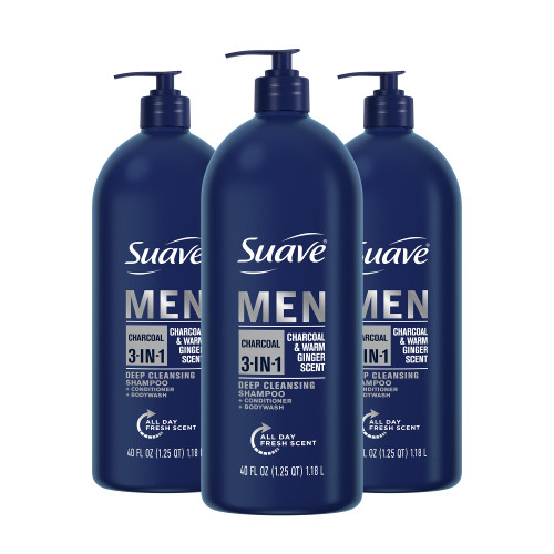 Suave Men Shampoo Conditioner Bodywash 3 in 1 Charcoal &Warm Ginger to Cleanse and Nourish Hair and Skin, 40 oz Pack of 3