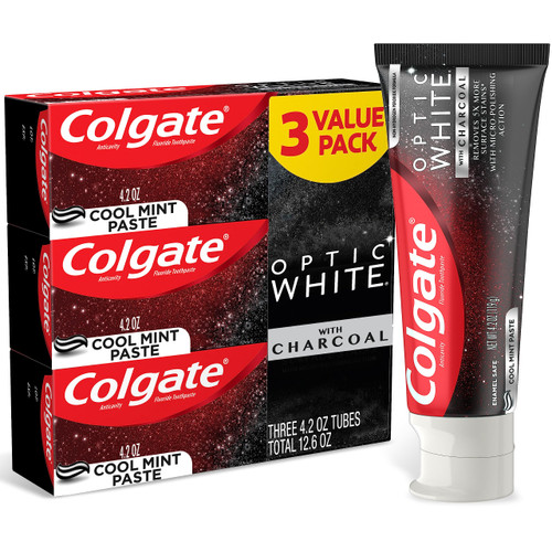 Colgate Optic White with Charcoal Whitening Toothpaste, Cool Mint Flavor, Safely Removes Surface Stains, Enamel-Safe for Daily Use, Teeth Whitening Toothpaste with Fluoride, 3 Pack, 4.2 Oz Tube