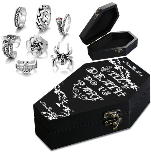 ZXPJUA Wooden Coffin Ring Box, Gothic Jewelry Organizer with Lock - Comes with 7 Vintage Spider Bat Rings, Halloween Wedding Decorations. (Goth black)