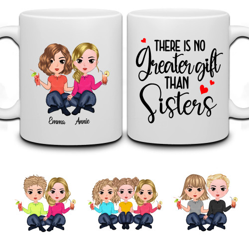 WHIDOBE Personalized Sister Mug (2 Sisters) Custom 11oz, 15oz Coffee Mug for Sisters with Avatars, Names - Customized Birthday Gift for Sisters, Women, Besties - There's No Greater Gift Than Sisters