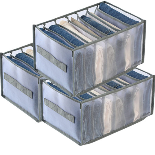 Wardrobe Clothes Organizer, 7 Grids Upgraded Washable Closet Organizers & Storage, Jeans Compartment Storage Box, Foldable Drawer Mesh Separation Box for Jeans, Shirt, Skirt, Legging, Gray, 3Pcs