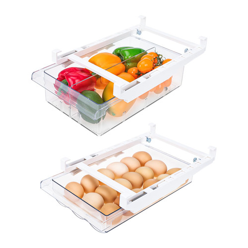 Moretoes 2 Pack Fridge Drawer Organizer?Pull Out Refrigerator Shelf Drawer Organizer & Egg Storage Container for Egg, Fruit, Vegetable, Seafood, Meat