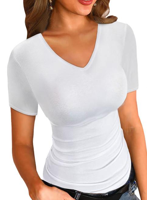 LOLONG Womens Tops V Neck Short Sleeve Casual Summer T Shirts Basic Ribbed Knit Slim Fitted Solid Shirts B-White