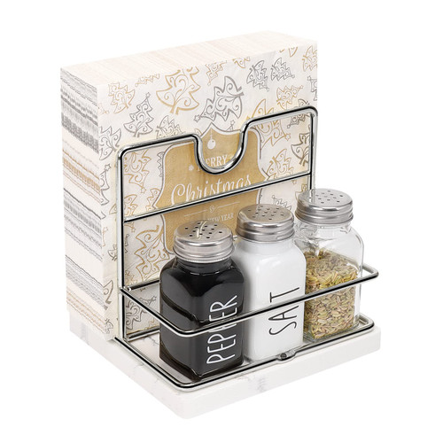 Livabber Napkin Holder, Metal Napkin Holder with Salt and Pepper Shakers Caddy Modern Napkin Dispenser for Table Kitchen Countertop, Not Including Salt and Pepper Shakers (Middle Marble, Chrome)