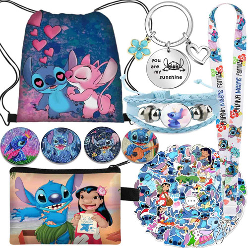 Herstar Stitch Merchandise Stuff Gift Set, Stitch Cartoon Anime Drawstring Bag, Keychain, Keychain Lanyard, Purse, Bracelets, Sticker, Button Pins (Black B)