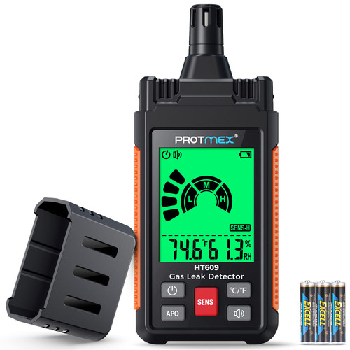Gas Leak Detector, Protmex HT609 Natural Gas Detector with Audible & Visual Alarm, Temp and Humidity Measure, Portable Gas Sniffer to Locate Combustible Gas Leak Sources Like Methane, LPG, LNG, Fuel