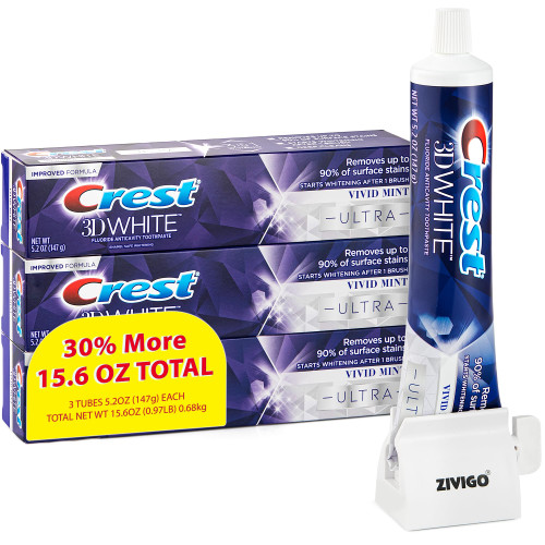 Crest-3D-White Ultra Whitening Toothpaste, Vivid Mint, Anticavity Fluoride Toothpaste, 3 Large Tubes of 5.2 oz (Total 15.6 oz) + Bonus Zivigo Toothpaste Squeezer,