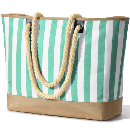Beach Bags for Women, Pool Bag Waterproof Sandproof Beach Bag Large Capacity Beach Swim Bag with Zipper Stripe Beach Tote Green