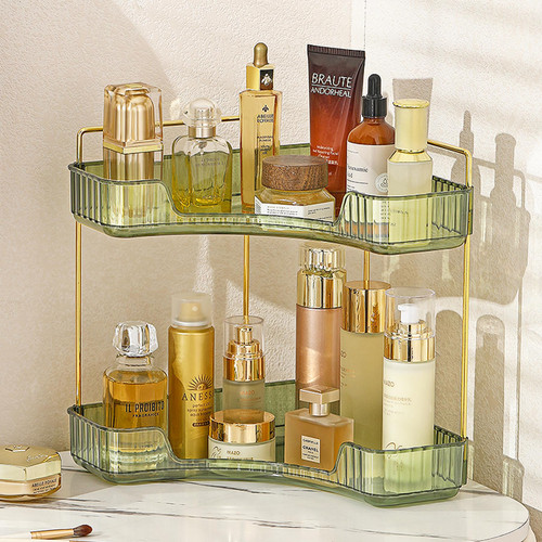 Aveniee Corner Bathroom Counter Organizer Bathroom Countertop Shelf Makeup Organizer for Vanity Perfume Tray for Corner Storage (2 Tiers, Green)
