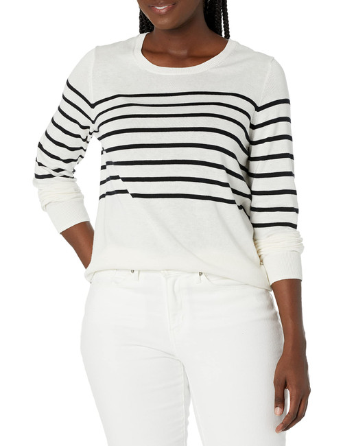 Amazon Essentials Women's Long-Sleeve Lightweight Crewneck Sweater (Available in Plus Size), Black White Placed Stripe, Large