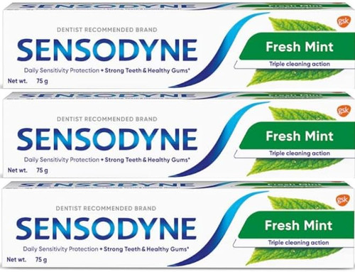 Sensodyne Fresh Mint Sensitive Toothpaste, Strong Teeth and Healthy Gums, Triple Cleaning Action, 2.64 Oz (75g) - Pack of 3 Sensodyne Fresh Mint Sensitive Toothpaste, Strong Teeth and Healthy Gums, Triple Cleaning Action, 2.64 Oz (75g) - Pack of 3