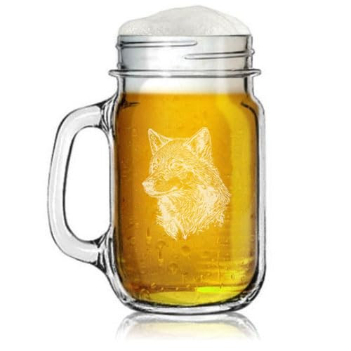 16oz Mason Jar Glass Mug w/Handle Gift Wolf Head