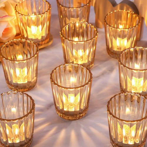 KTNSTSAAL 12pcs Gold Votive Candle Holders, Glass Candle Holders Bulk for Table Centerpiece, Tealight Candle Holders for Wedding, Birthday, Party, Home, Dinner Decor