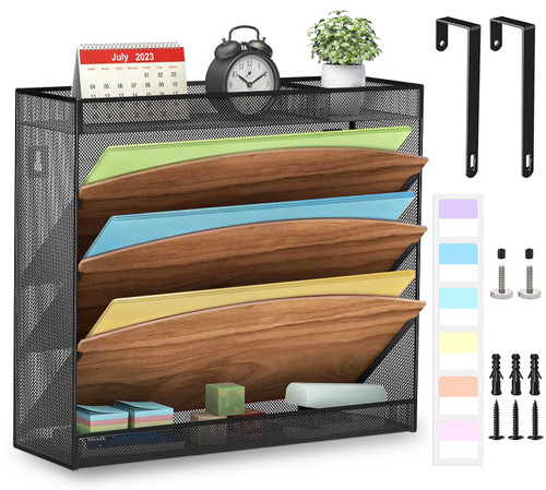 LUCYCAZ Wood Wall File Organizer-Hanging Wall File Holder, 5 Tier Mesh Office Wall Organizer, 3 Pockets Wall Hanging File Organizer with 2 Flat Trays, Wall Mount File Holder for Office Home, Black LUCYCAZ Wood Wall File Organizer-Hanging Wall File Holder, 5 Tier Mesh Office Wall Organizer, 3 Pockets Wall Hanging File Organizer with 2 Flat Trays, Wall Mount File Holder for Office Home, Black