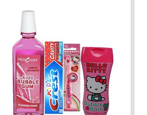 Hello Kitty Travel Kit Toothbrush with Cap, Kid's Crest Toothpaste, Mouthwash Flavor Bundle with Bubble Bath