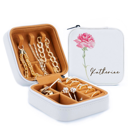 Custom Leather Jewelry Box w/Colorful Birth Flower Month & Name - White - Personalized Jewelry Travel Case for Women, Customized Jewelry Organizer Box Gifts for Mom