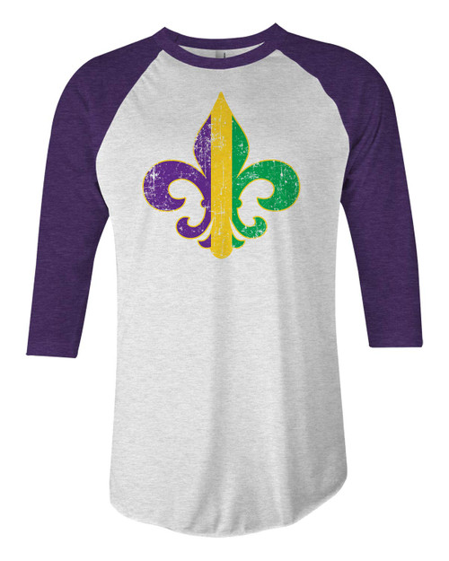 Threadrock Mardi Gras Fleur De Lis Unisex Raglan T-Shirt - Medium, White/Purple