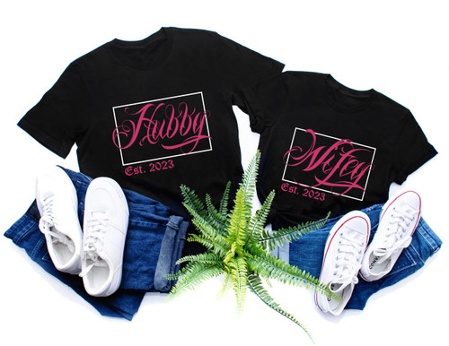 Personalized Hubby Wifey Couple Shirt, Wedding Anniversary Matching Shirt, Honey Moon Tee, Valentine Gift, Husband Wife Est Custom Date T-Shirt, Hoodie, Long Sleeve, Sweatshirt