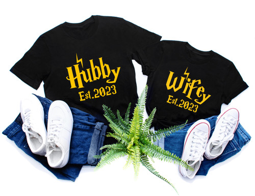 Personalized Hubby And Wifey Couple Matching Shirt, Hubby and Wifey Est Custom Year Tee, Wedding Anniversary Gift, Honeymoon Shirt, Just Married Shirt, Bridal Gift Engagement, Husband And Wife Shirts