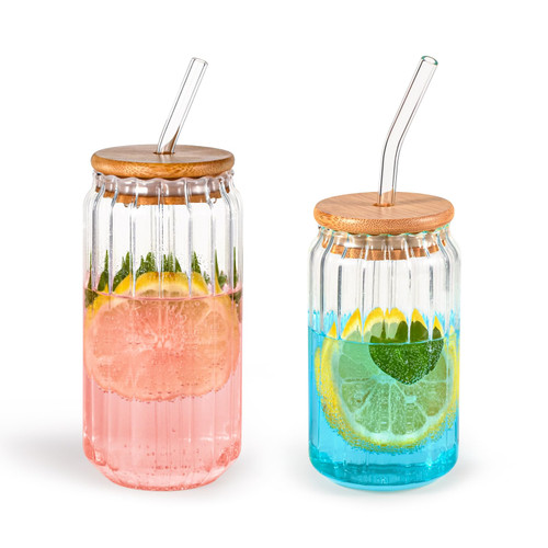 Koythin 2 Pieces Ribbed Glass Cups, Iced Coffee Glass Highball, Aesthetic Glassware Drinking Glasses, Mixed Drinkware Sets for Iced Coffee Whiskey Cocktail (Ribbed with Lids and Straws)