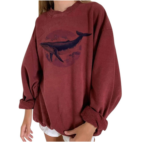 JDHUFEI Womens Oversized Sweatshirts Casual Long Sleeve Tops Pullover Fall Fish Print Loose Hoodies Fleece Crewneck Blouse