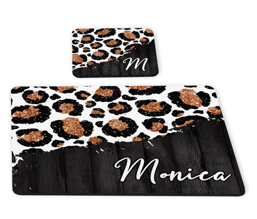White Leopard Print Rubber 2 piece Personalized Desk Set with Rubber Coaster & Mouse Pad