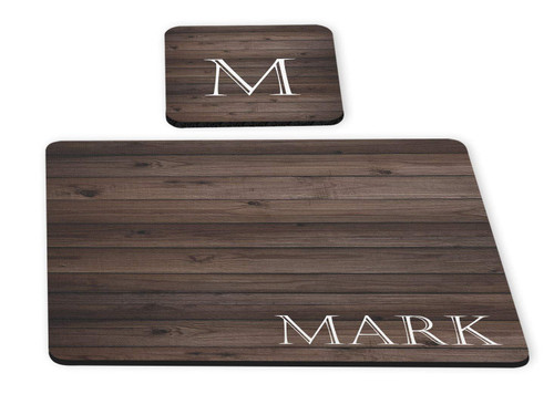 Rustic Wood Name Initial Monogram 2 piece Personalized Desk Set with Rubber Coaster & Mouse Pad for him