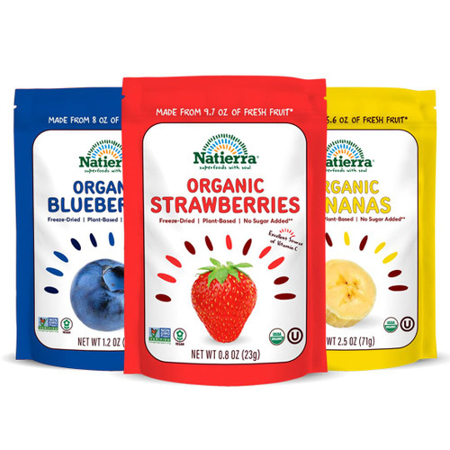 NATIERRA Organic Freeze-Dried Blueberry, Banana & Strawberry | USDA Organic, Non-GMO & Vegan | Variety Pack (of 3)