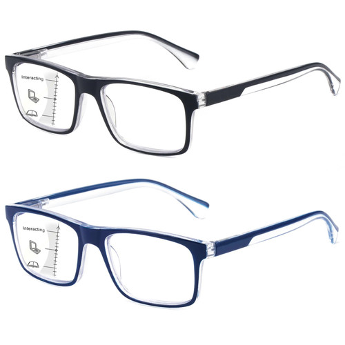 Missfive 2-Pack Mens Light Multifocus Progressive Reading Glasses Blue Light Blocking, Multifocal Spring Hinge No-Line Quality Trifocal Readers Comfort Eyeglasses (Workspace For Near Range, 2.5x)