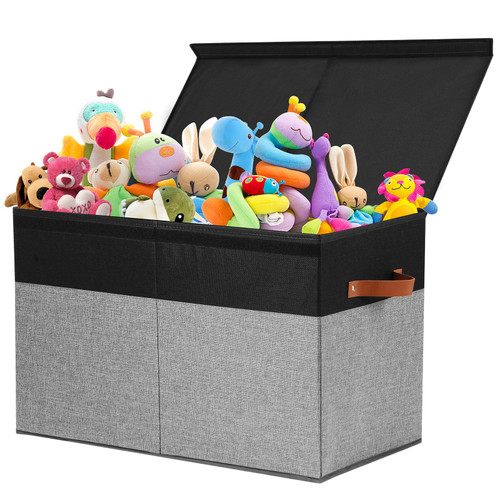 Large Toy Storage Box with Lid, Sturdy Toys Storage Chest Bin Organizer Basket with Dividers for Kids, Boys, Girls, Nursery, Closet, Bedroom, Playroom 25"x13" x16" (Black and Grey)