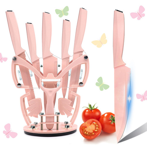 Kitchen Knife Set for Women, Retrosohoo Cute Pink 7-Pieces Sharp Stainless Steel Chef Knife Set with Block for Kitchen, Non-stick Coating Knife Block Set with Gift Box