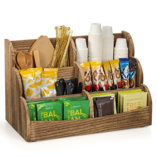 Dicunoy Tea Bag Organize, Wood Vertical Tea Bag Holder with 6 Compartments, Rustic Coffee Tea Station Organizer Caddy for Countertop, Kitchen, Office, Sugar Packets, Creamers, Sweeteners