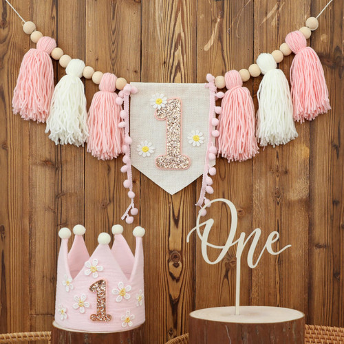 Boho Daisy Highchair Banner 1st Birthday Girl For First Party Decorations Set With Handmade Cake Topper Crown Hat Boho Daisy Highchair Banner 1st Birthday Girl For First Party Decorations Set With Handmade Cake Topper Crown Hat