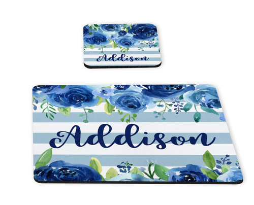 Blue Floral Modern Stripe 2 piece Personalized Desk Set with Rubber Coaster & Mouse Pad