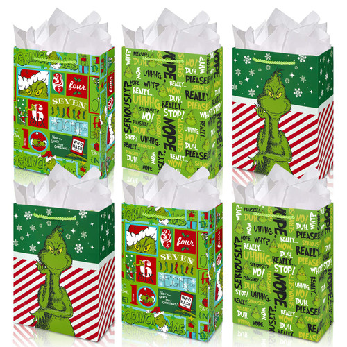 AnyDesign 12Pcs Christmas Paper Gift Bags with Tissue Paper Cartoon Character Candy Goodie Handle Bags Xmas Treat Bags Party Favor Bags for Christmas Birthday Wrapping Gift Supplies