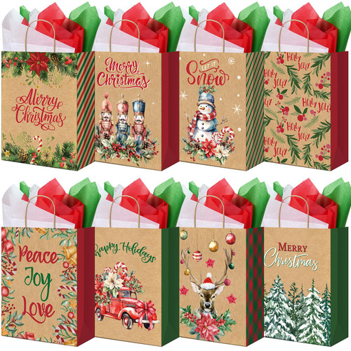 24 Large Christmas Gift Bags with 24 Tissue Paper, Bulk Holiday Kraft Paper Bags for Gifts with Handles, 8 Styles Xmas Gift Bags for Wrapping Christmas Holiday Presents Party Favors, 5.1x10x12.6 Inch 24 Large Christmas Gift Bags with 24 Tissue Paper, Bulk Holiday Kraft Paper Bags for Gifts with Handles, 8 Styles Xmas Gift Bags for Wrapping Christmas Holiday Presents Party Favors, 5.1x10x12.6 Inch