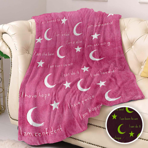 Glow in The Dark Blanket - Birthday Gifts for Teen Girls & Boys|Throw Blanket w/Inspirational Words|Glow in The Dark Stars & Moon Pink Theme Fleece Soft Plush Fuzzy Blanket for All Occasions 50"x60"