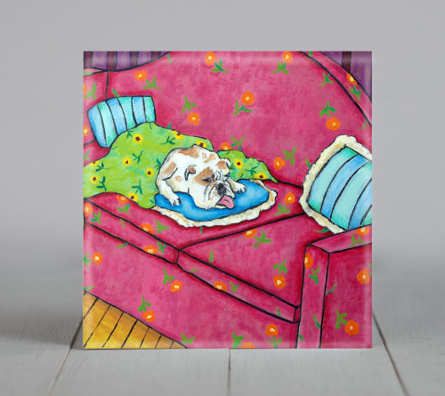Bulldog taking a nap on the couch dog art tile coaster gift - multiple sizes available (Size: 4.25x4.25, Backing: with 4 cork dots)