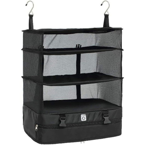 Eioflia Portable Hanging Travel Shelves,Wardrobe Storage Organiser, 3-Shelf Collapsible Hanging Packing Cubes with 2 Hooks Carry on Closet Suitcase for Travel Organizer
