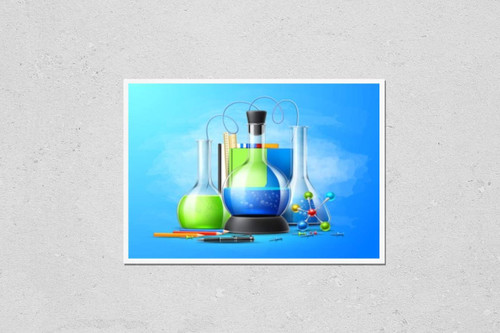 Wall Art Poster Print of Realistic Chemistry Laboratory Tubes Set on Blue. Chemical Experiment Glassware for Education Design. Pharmaceutical Flasks, Beaker and Test-Tubes. Symbol of Discovery and