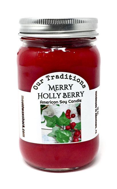Merry Holly Berry, 16 Oz. Mason Jar, 100% Red Soy Candle, Christmas
