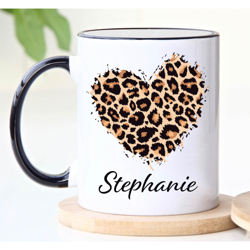Personalized Leopard Print Heart Coffee Mug Custom Text With Name Cute Graphic Art Ceramic Cup 11 oz 15 oz