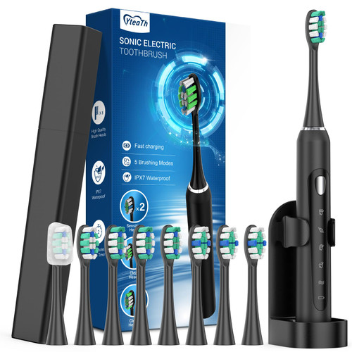 YteaTh Sonic Electric Toothbrush for Adults and Kids with 8 Brush Heads,5 Modes with 2 Minutes Built in Smart Timer, Electric Toothbrushes,One Charge for 60 Days (Black) YteaTh Sonic Electric Toothbrush for Adults and Kids with 8 Brush Heads,5 Modes with 2 Minutes Built in Smart Timer, Electric Toothbrushes,One Charge for 60 Days (Black)