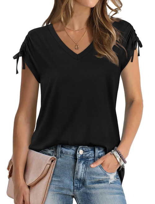 Womens Summer Tops Trendy V Neck Cap Sleeve T Shirts Loose Fit Basic Tees Black XL