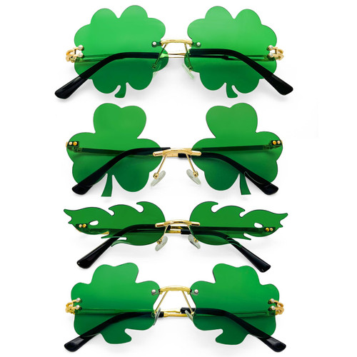 SUNOVELTIES 4 Pcs St. Patrick's Day Irish Shamrock Sunglasses Lucky Colver Green Leprechaun Costume Glasses for Women Men